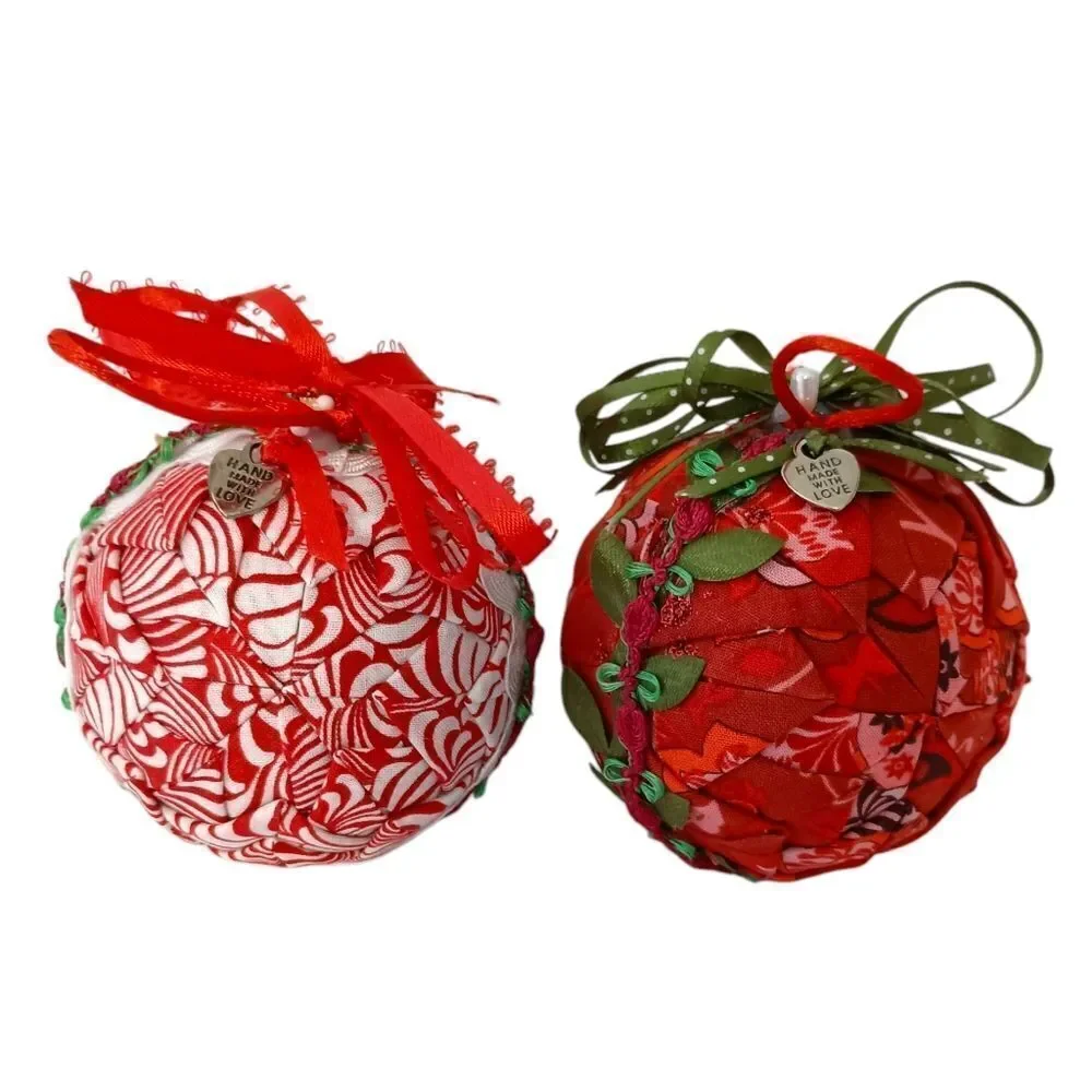 2 Folded Fabric Ornaments Balls Quilted Handmade Farmhouse‎ Cottage Vintage 90s.